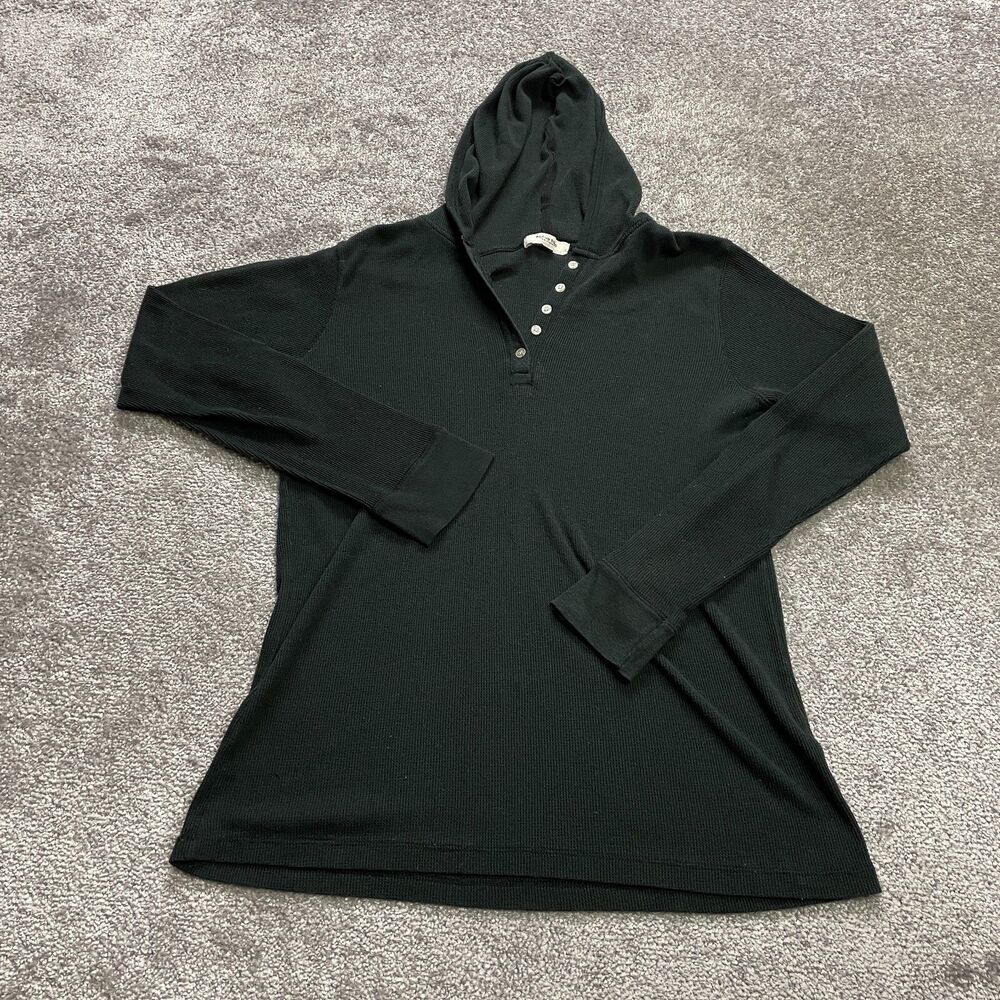 Active Basic Hoodie Sweatshirt Dress Womens Large Black Henley Neck Waffle Knit